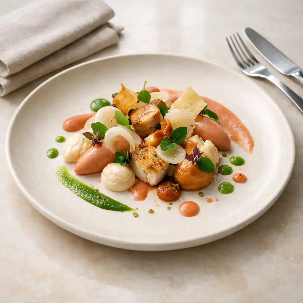 Assiette signature raffinée présentée sur une table claire de restaurant