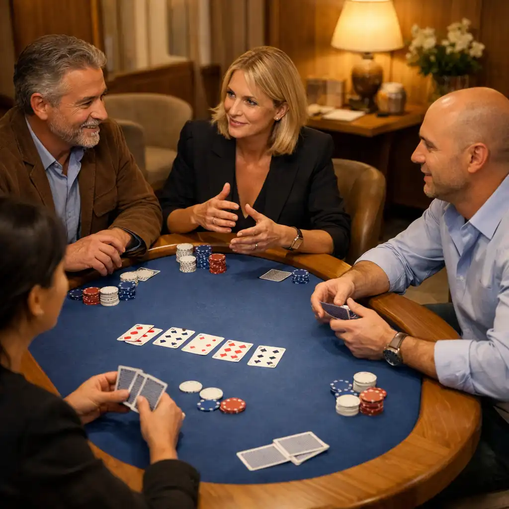 Quatre adultes en conversation attentive autour d’une table de poker physique dans un Card Room lumineux