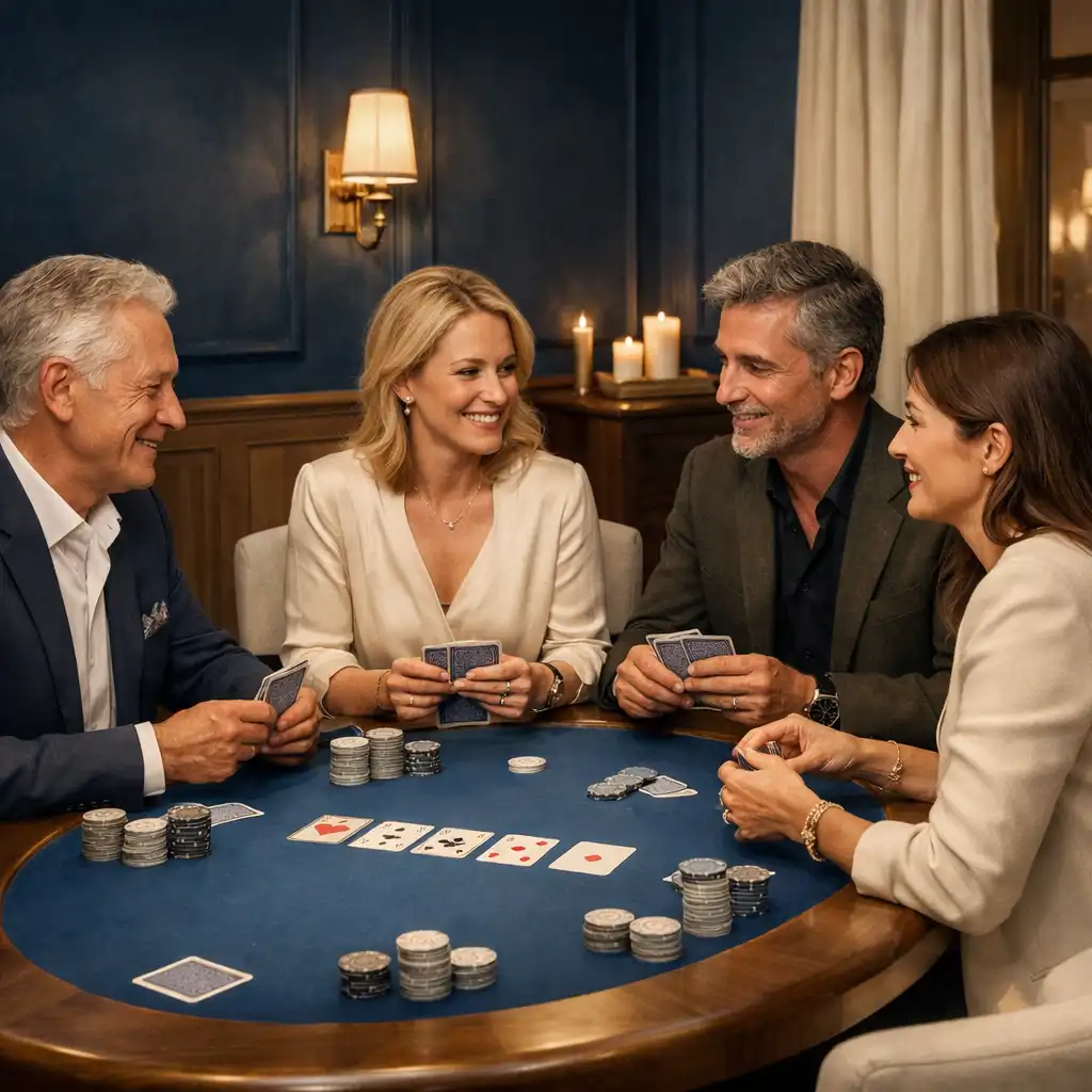 Une table de cartes élégante dans le Card Room de Terrasse Jasmin, éclairée par une lumière douce.