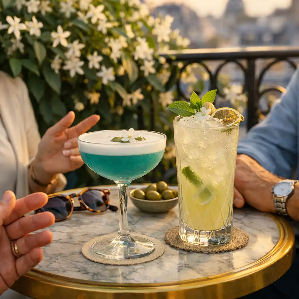 Deux cocktails sur une table de terrasse, entourés de mains adultes en conversation