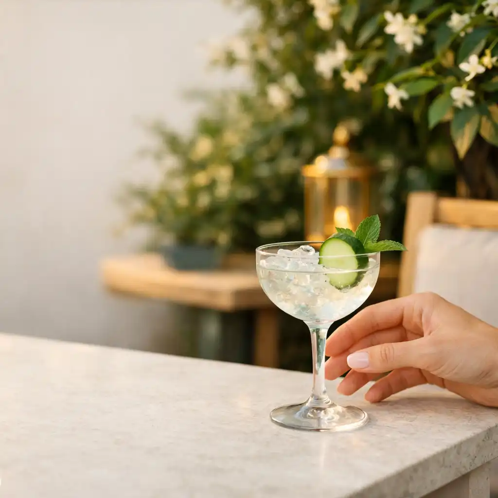Cocktail élégant sur une table de terrasse avec feuillage de jasmin