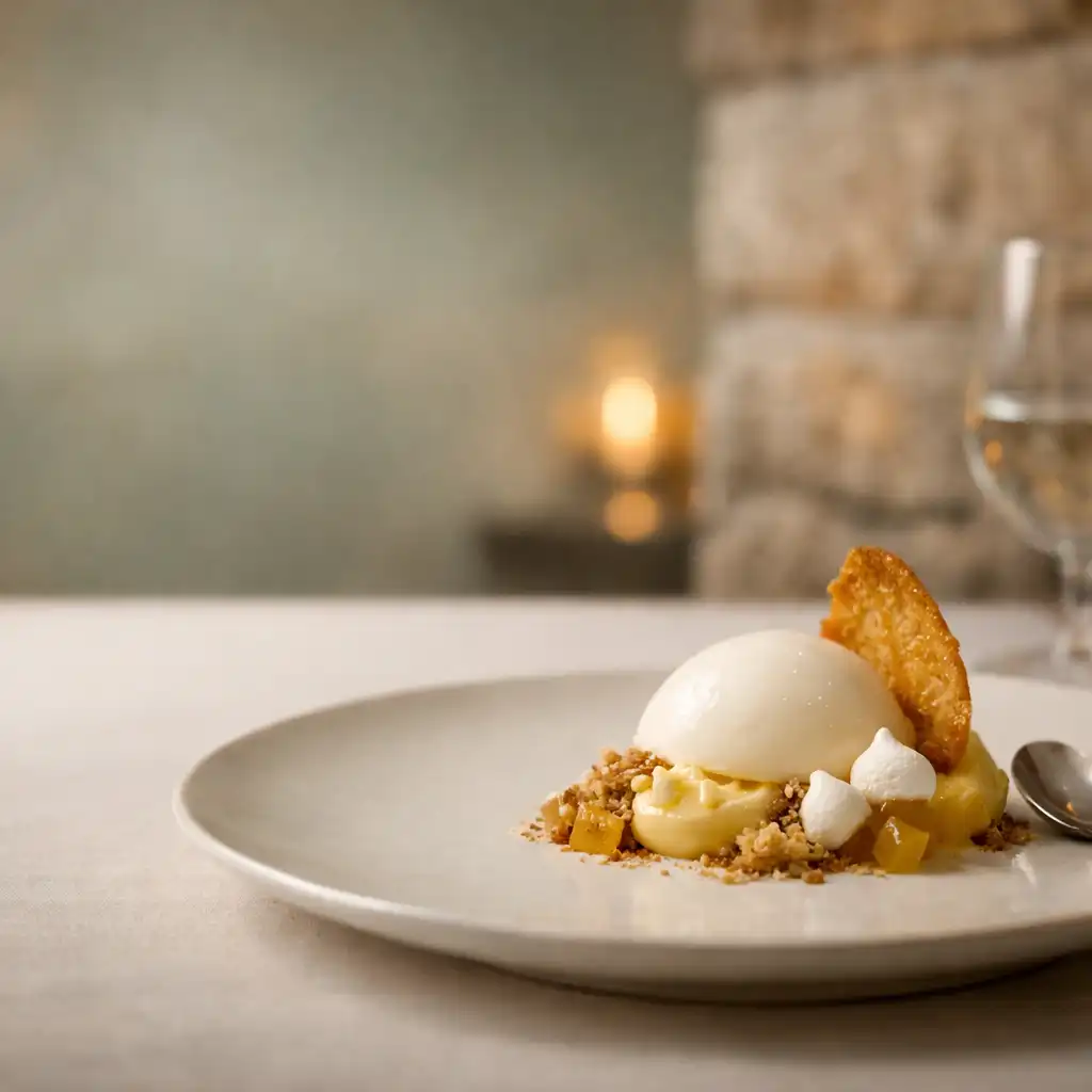 Dessert contemporain servi sur une table claire au début de soirée