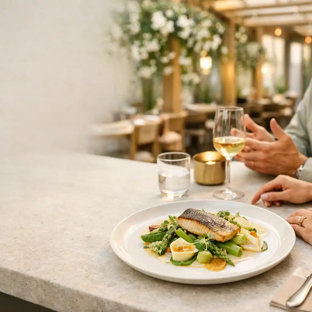 Assiette raffinée et mains de convives autour d'une table lumineuse