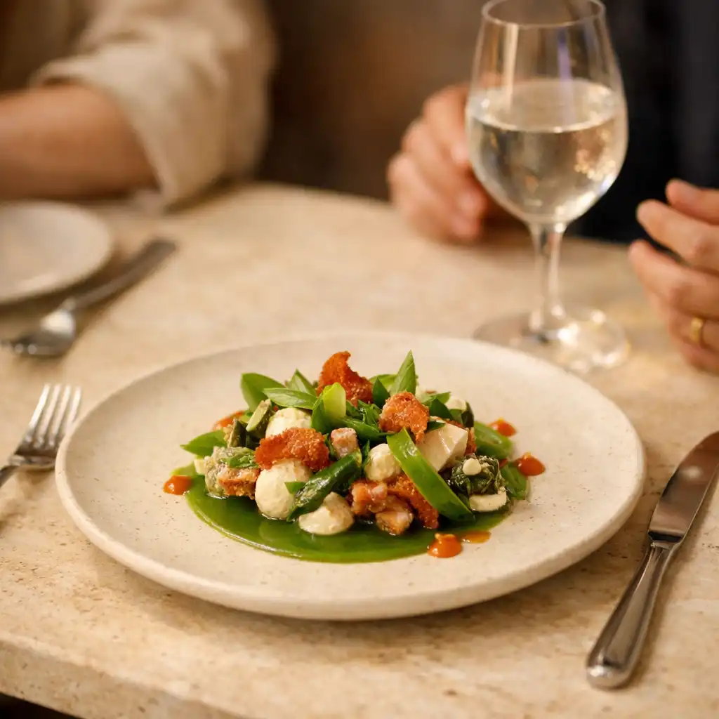Plat signature soigneusement dressé sur une table de pierre claire