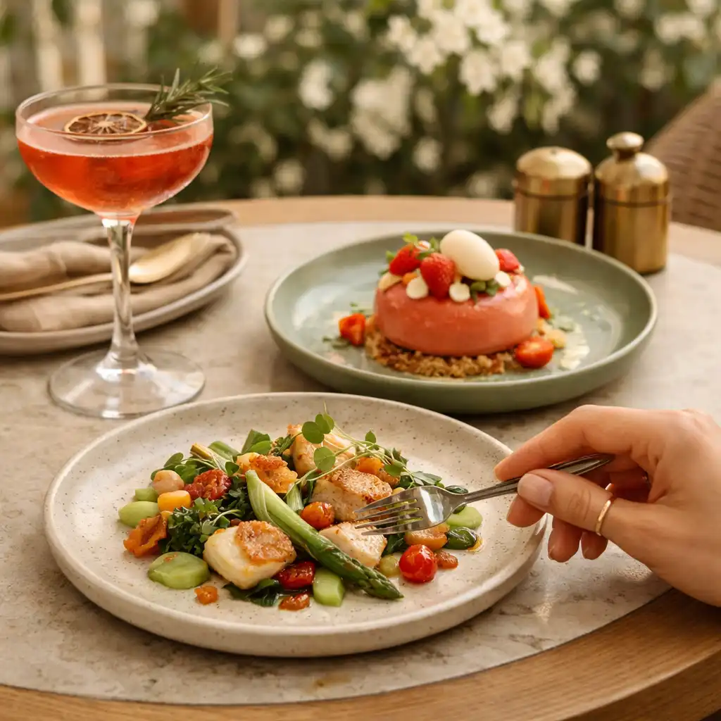 Plat contemporain, dessert et cocktail sur une table de Terrasse Jasmin