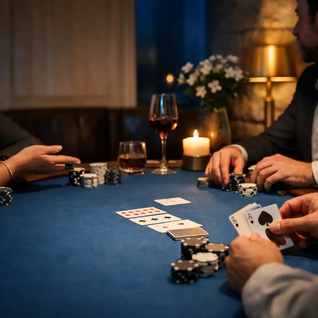 Table de poker physique bleue entourée de convives en conversation