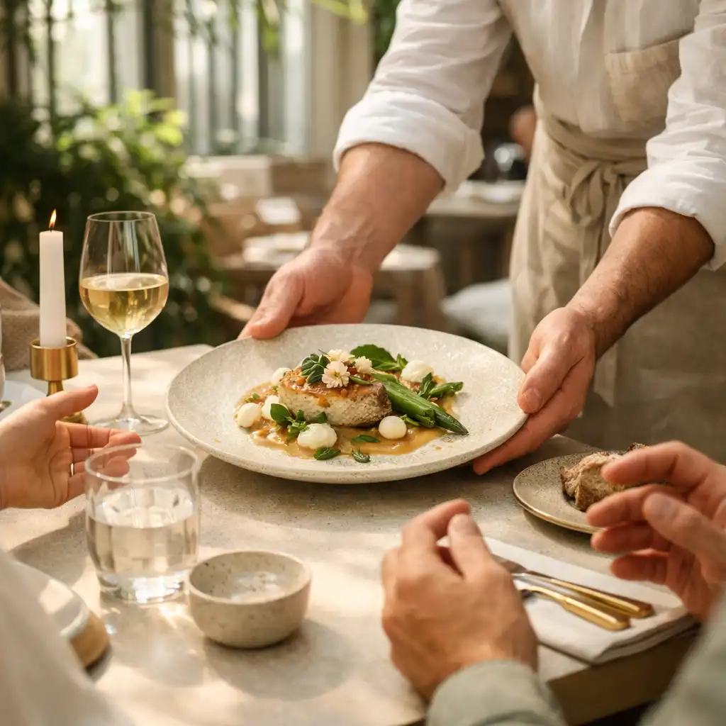 Service d'une assiette raffinée entre les mains du personnel et des convives