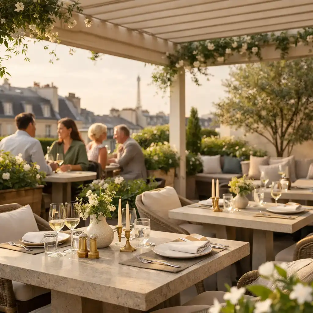 Terrasse-jardin sous pergola avec tables dressées et feuillage de jasmin