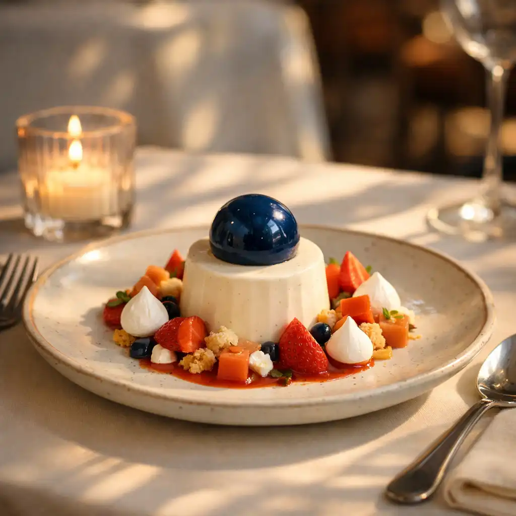 Dessert élégant, bougie et couvert sur une table de restaurant à la lumière du soir