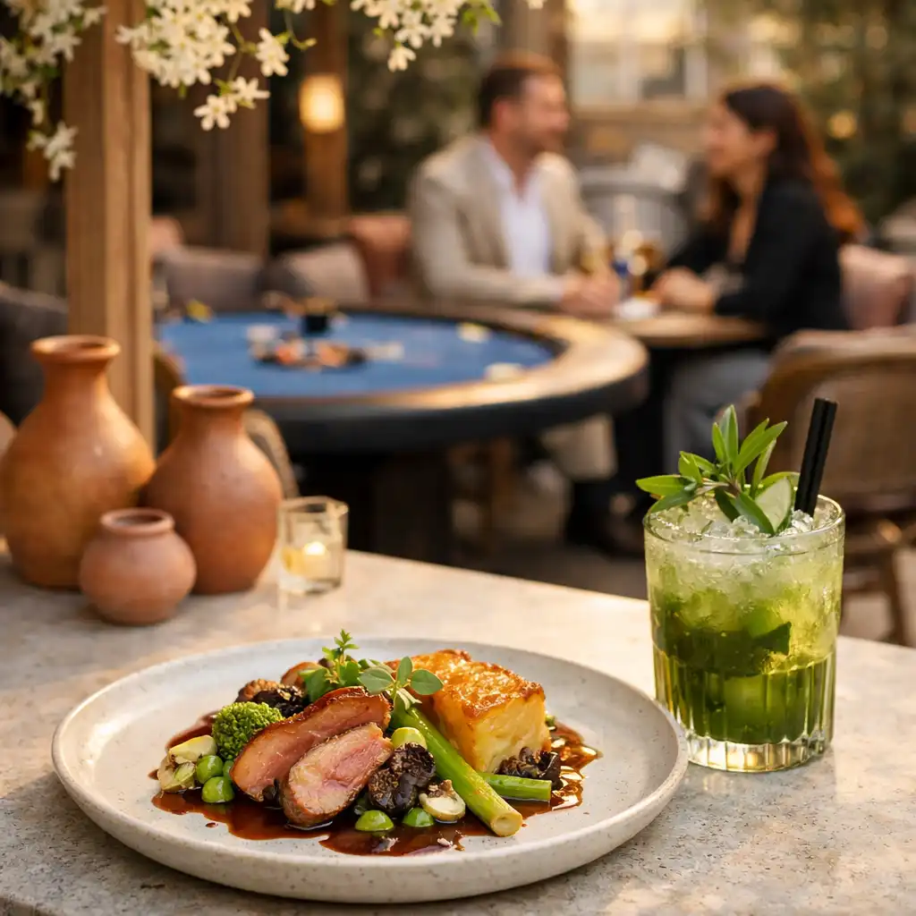 Une assiette de cuisine contemporaine et un cocktail servi sur une table de Terrasse Jasmin, dans une lumière de soirée.