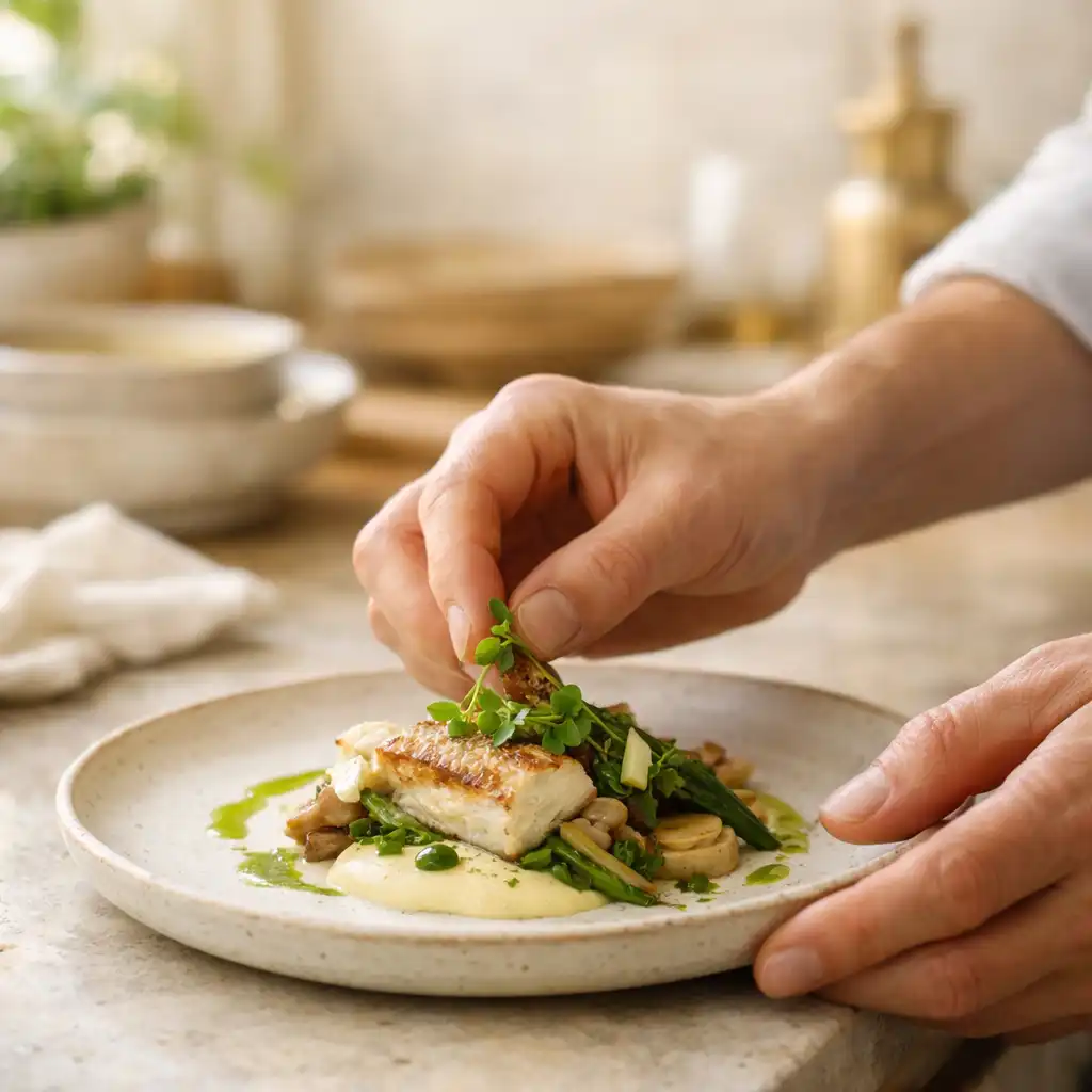 Mains d’un adulte finalisant une assiette dans une cuisine lumineuse