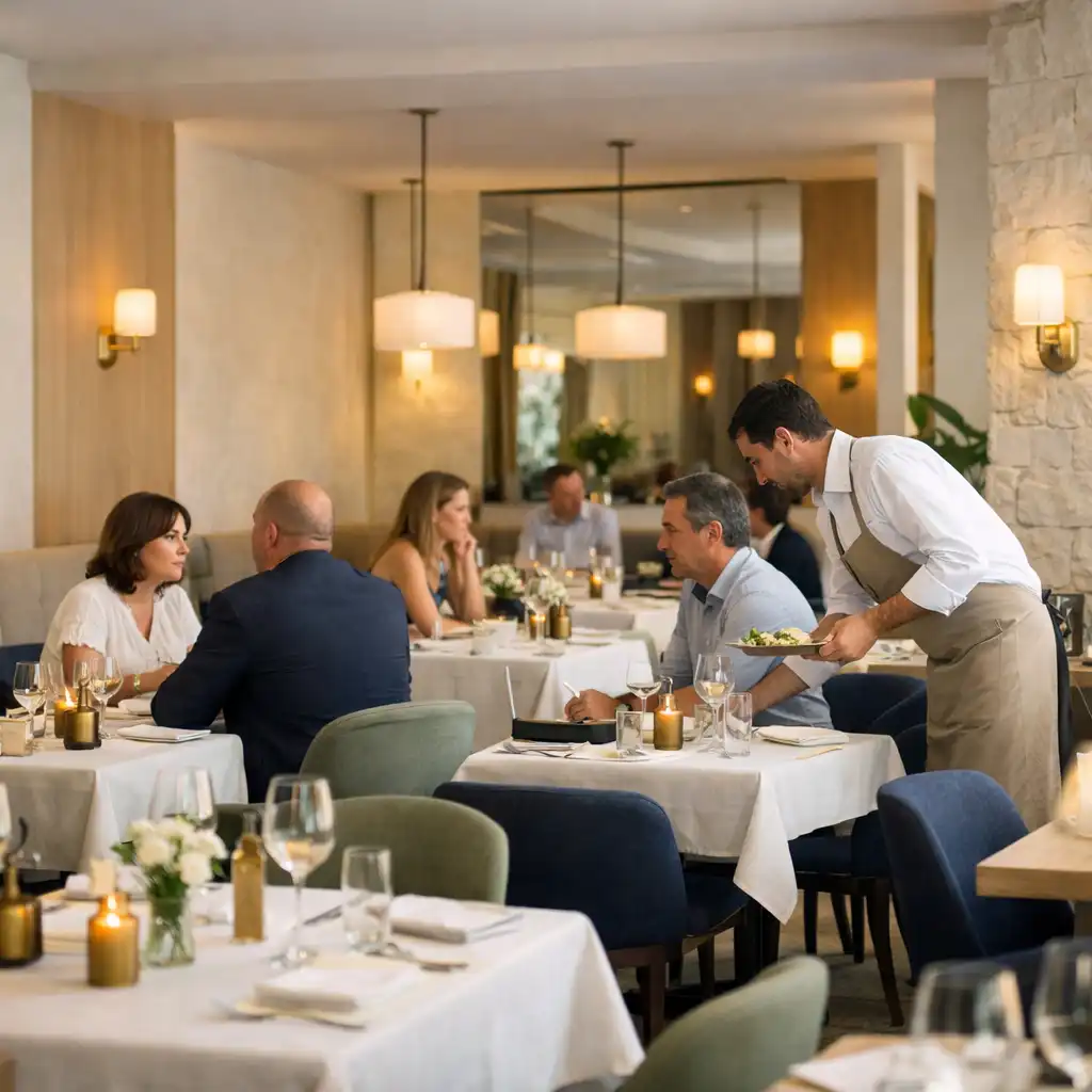 Salle intérieure élégante de restaurant avec tables dressées et convives en interaction naturelle