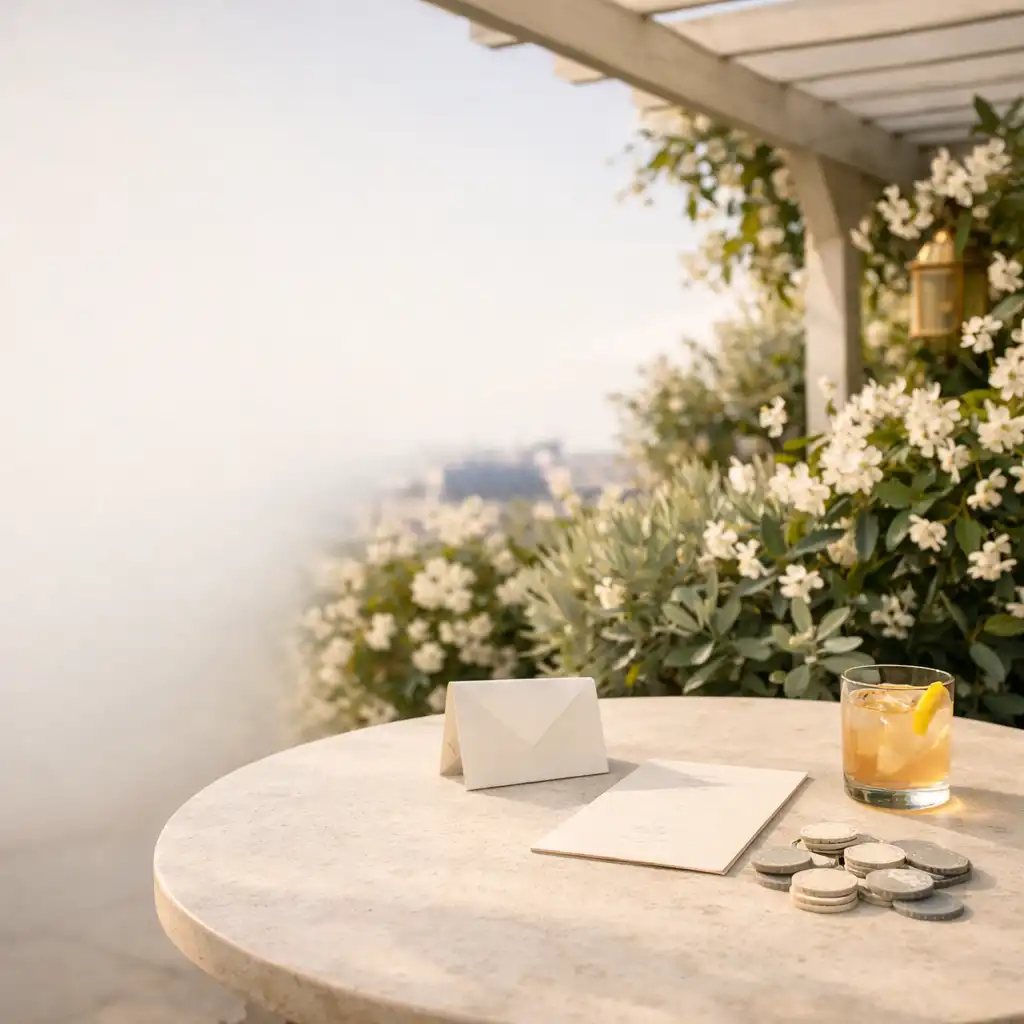 Table en limestone sur une terrasse fleurie de jasmin, invitation, menu, cocktail et jetons de poker neutres