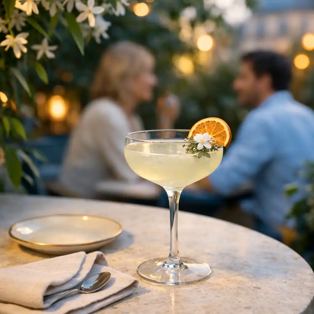 Cocktail élégant sur une table de pierre dans un restaurant-jardin