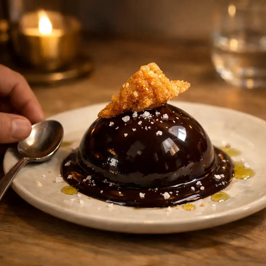 Dessert au chocolat noir avec cuillère et détail de table