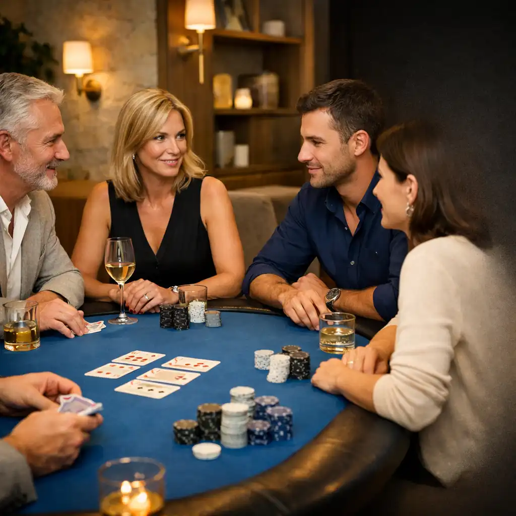Personnes en conversation autour d'une table de poker physique au feutre bleu
