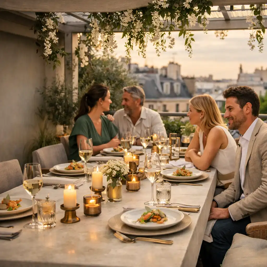 Table dressée sous une pergola claire avec jasmin et assiettes raffinées