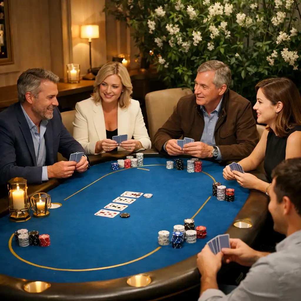 Adultes réunis autour d’une table de poker physique en feutre bleu, discutant calmement