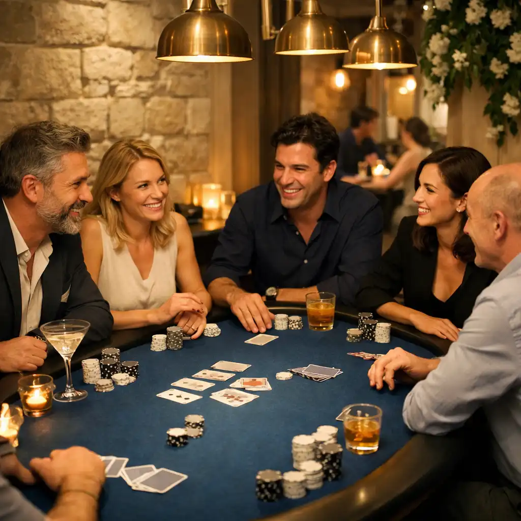 Personnes réunies autour d'une table de poker en feutre bleu dans le Poker Lounge