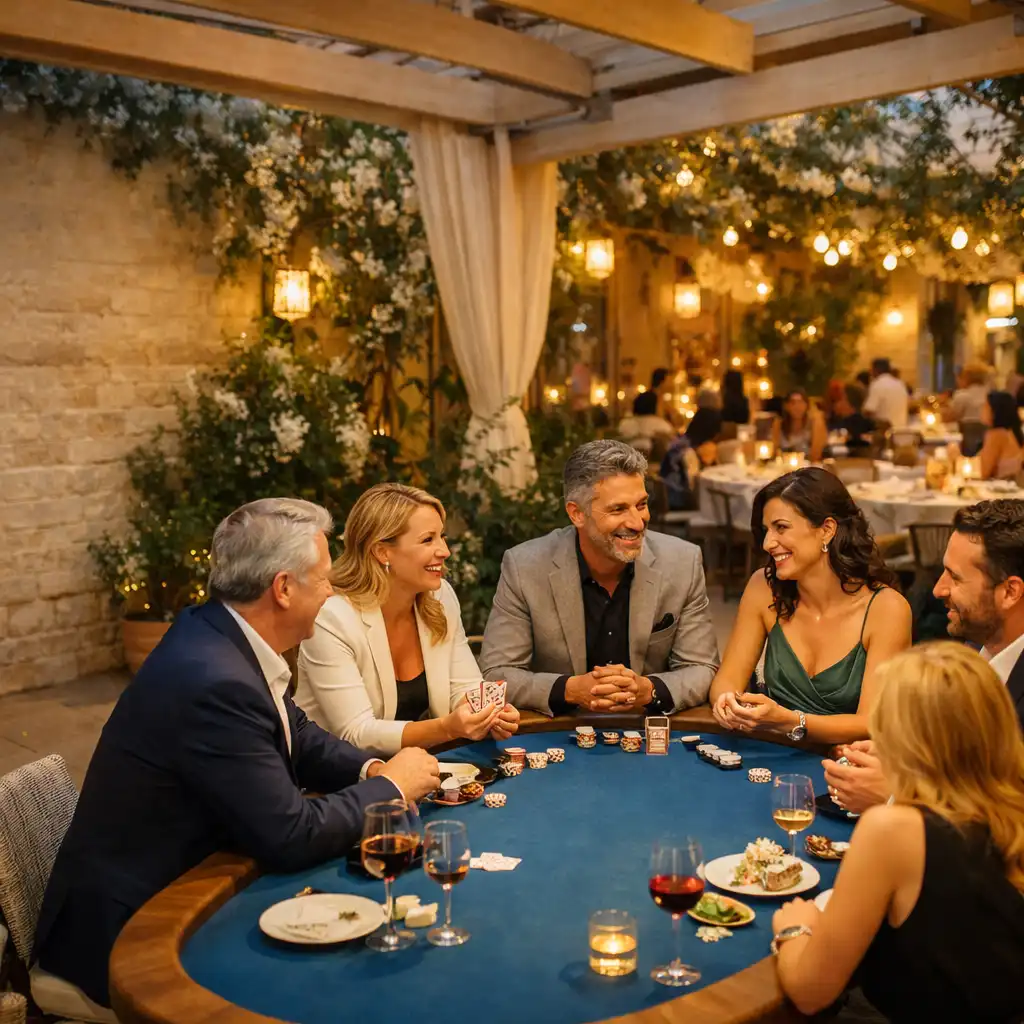 Des convives échangent autour d’une table de poker bleue sous une terrasse lumineuse de Terrasse Jasmin à Paris.