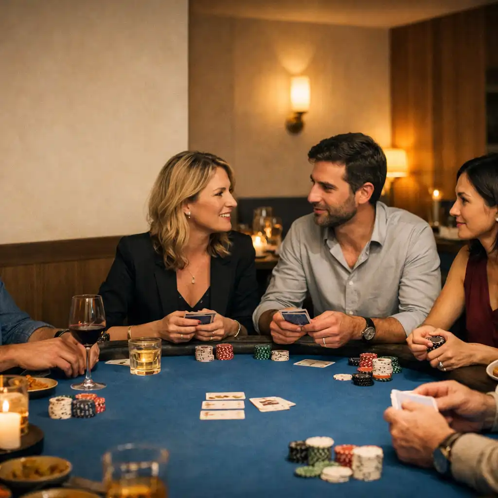 Convives échangeant autour d’une table de poker physique au Poker Lounge