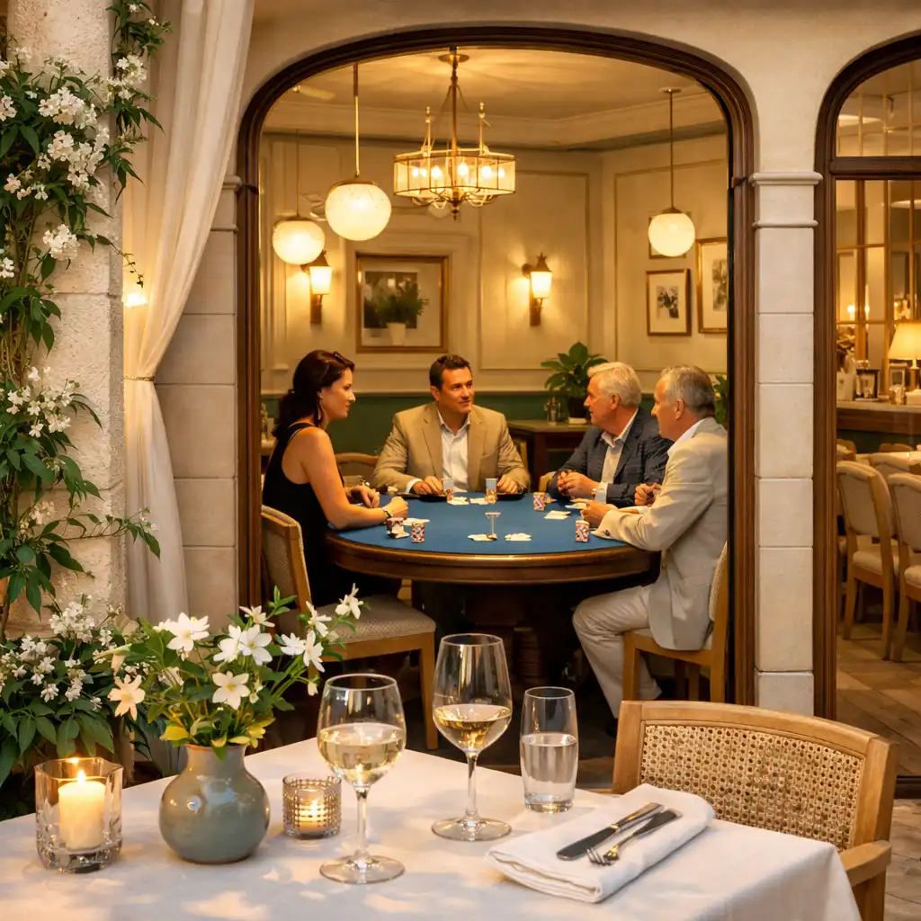 Terrasse ouverte sur le Card Room et une table de poker physique