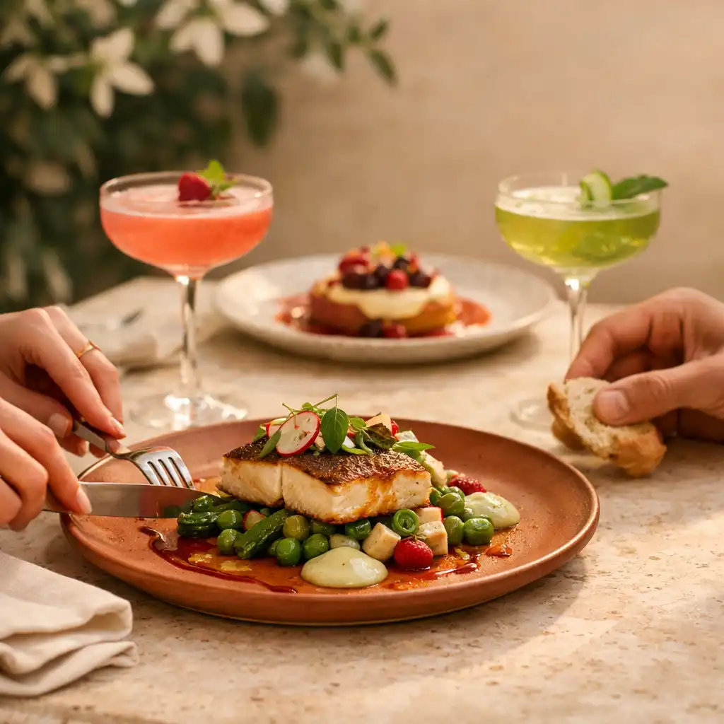 Assiette raffinée et cocktails sur une table de Terrasse Jasmin
