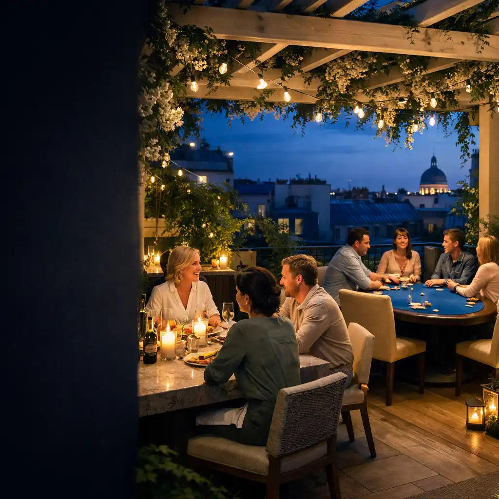Terrasse-jardin de Terrasse Jasmin au crépuscule, dîner et table de poker physique