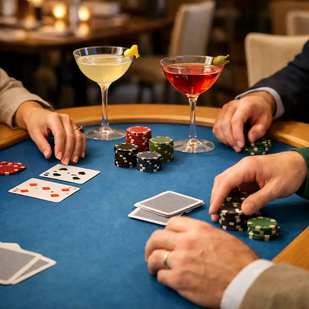 Des mains de convives autour de cartes et de jetons sobres sur une table de poker au feutre bleu, avec des cocktails à proximité.