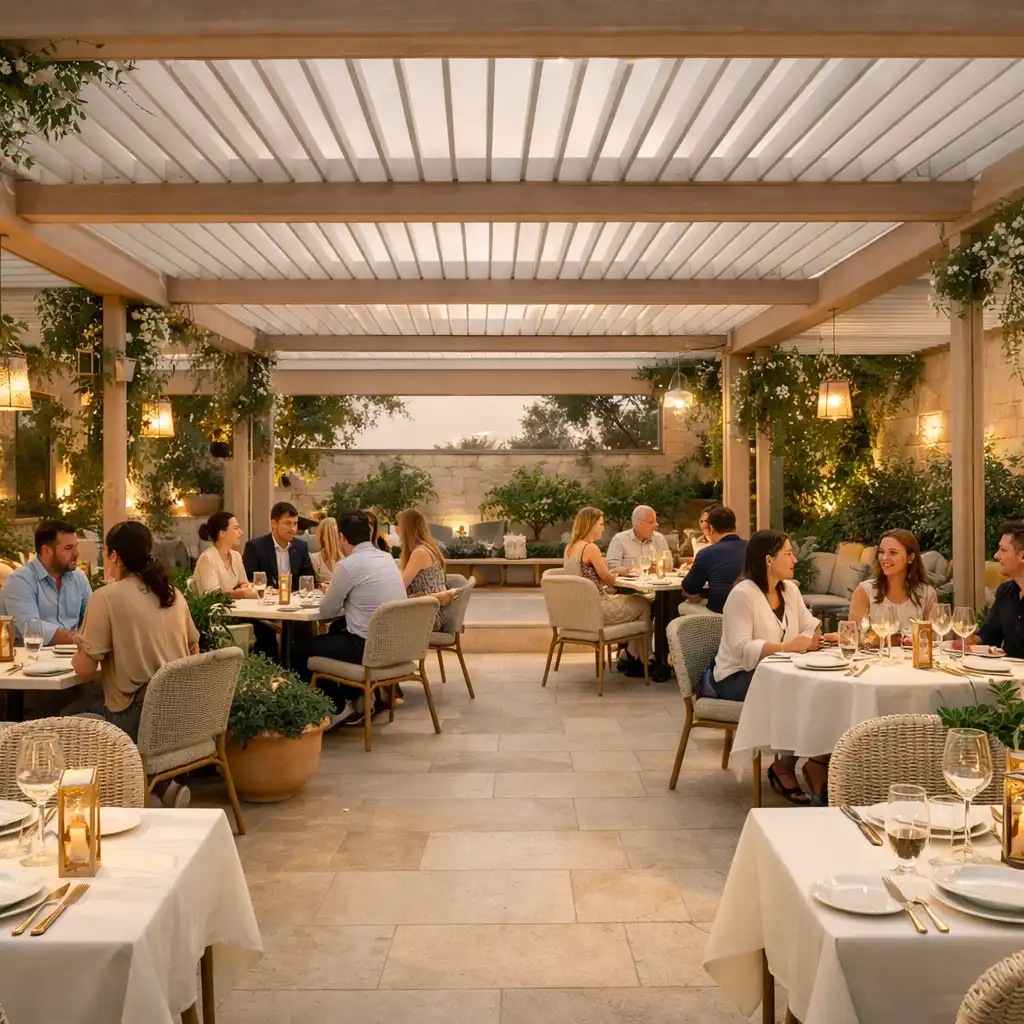 Terrasse-jardin parisienne sous une pergola avec jasmin, tables dressées et convives