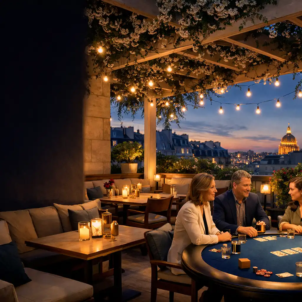 La terrasse-jardin de Terrasse Jasmin au crépuscule, avec des convives autour de tables de restaurant et d’une table de poker sous la pergola.