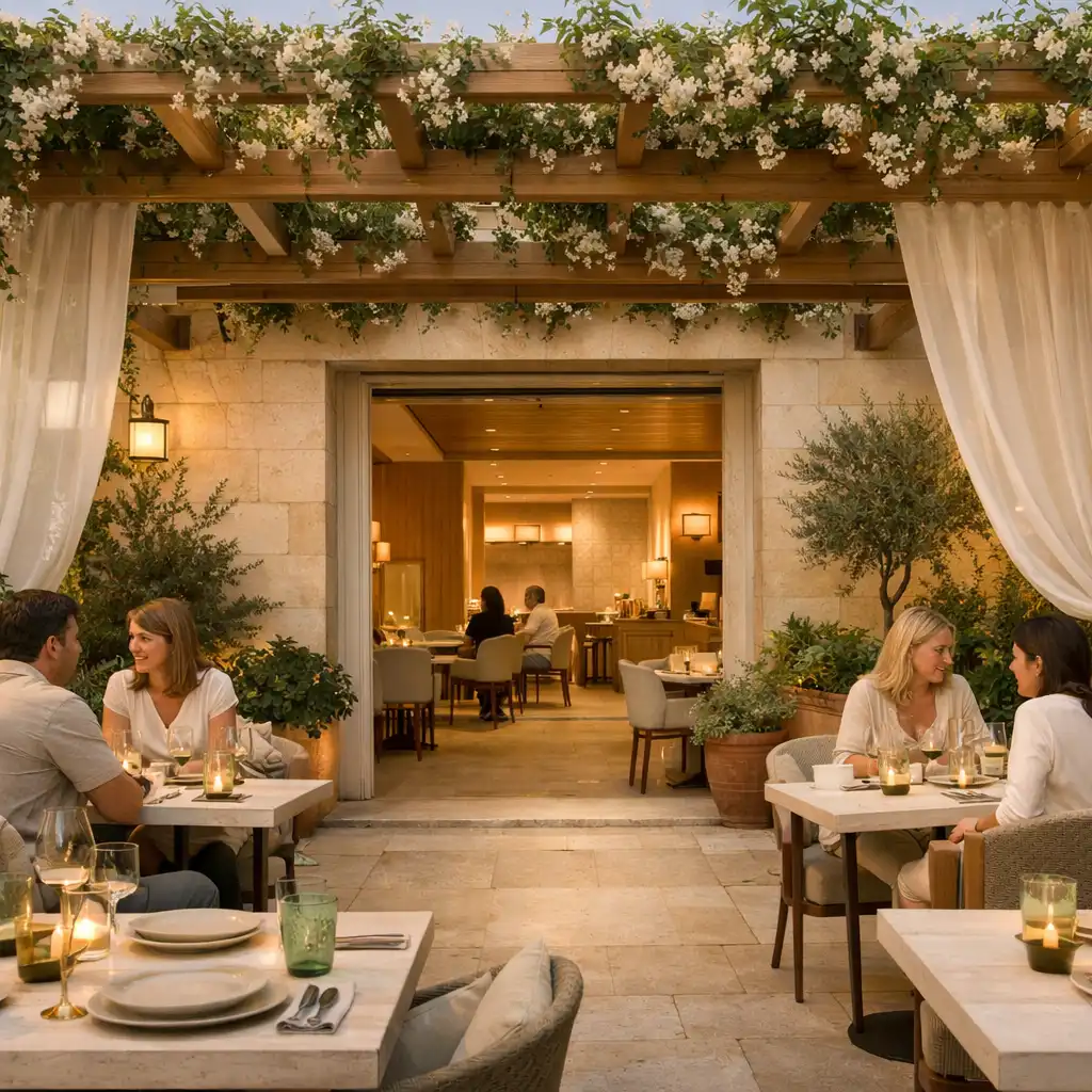 Terrasse sous pergola avec jasmin et passage vers les intérieurs élégants
