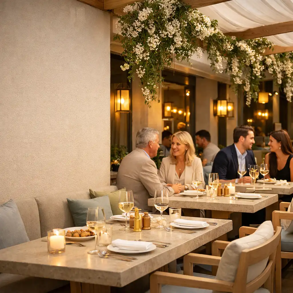 Terrasse sous une pergola claire avec jasmin, tables dressées et convives en conversation au début du soir à Paris