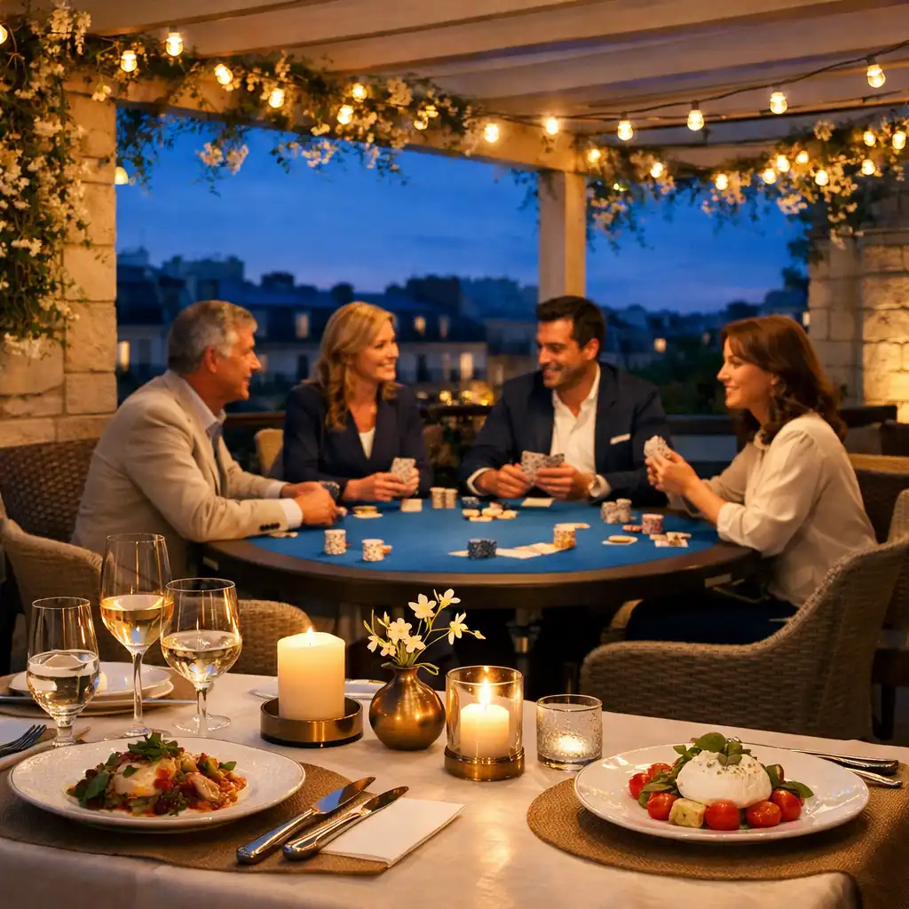 Terrasse du soir avec table de restaurant et table de poker physique conviviale